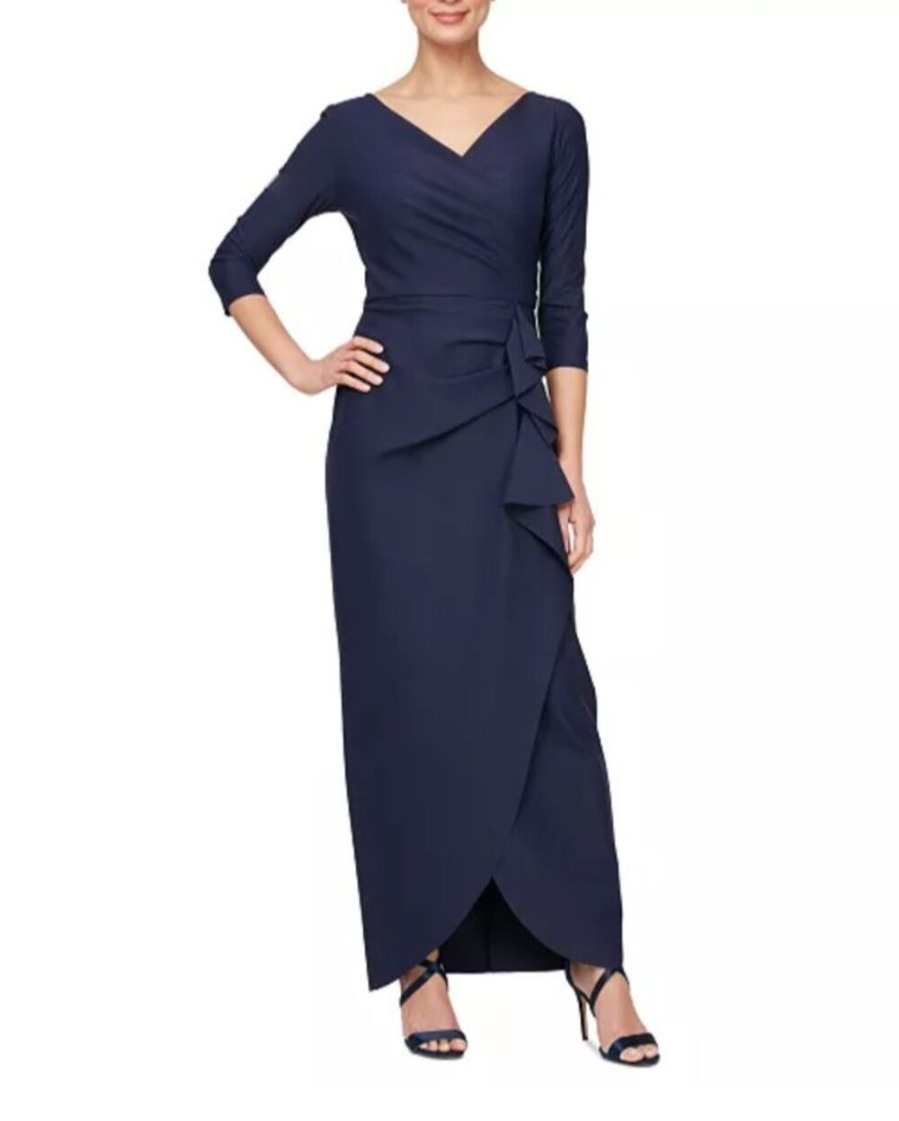 Alex Evenings Compression Surplice Draped 3/4-Sleeve Gown Dress Navy Size 6P